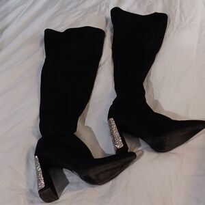 Women's black high knee sexy boots with rhinestone heels